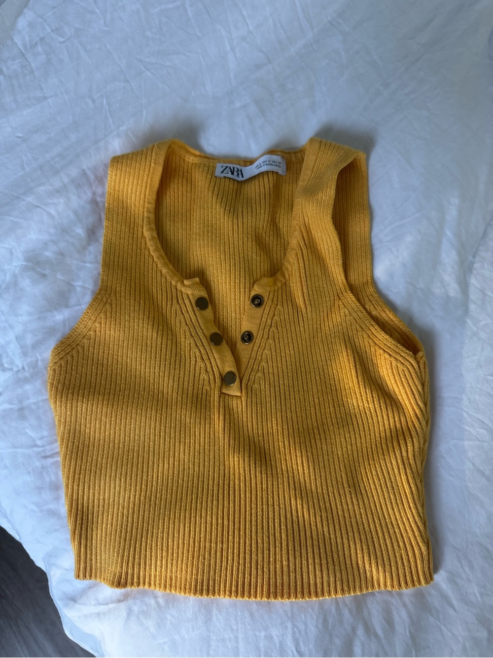 ZARA Yellow Ribbed Snap-Front Crop Tank